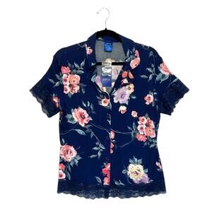 Apt. 9 Intimates Button Up Sleep Shirt NWT Women's Sz M Alexina Floral Navy Lace